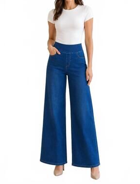 NEW CHARLIE B women's denim pull on wide leg pants in blue